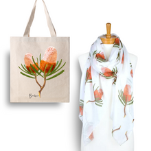 Load image into Gallery viewer, Australian Native Flower Design, Unique Gift for Nature Lovers - Banksia Tote Bag &amp; Scarf Set | White
