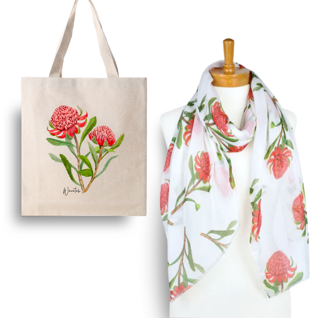 Perfect Gift for Any Occasion - Waratah White Scarf & Tote Bag | White