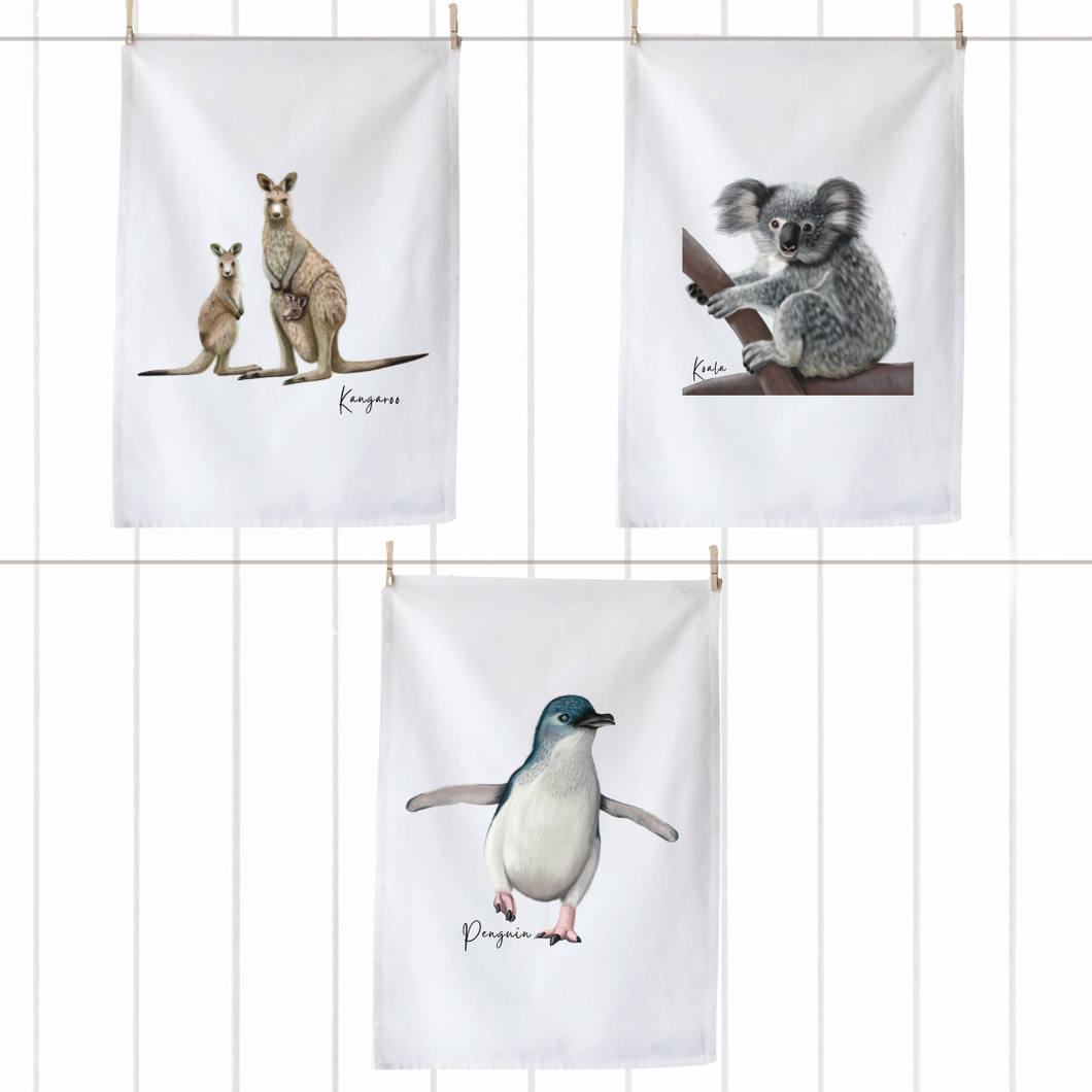 Aussie Legends Tea Towels – Kangaroo, Koala & Penguin Party