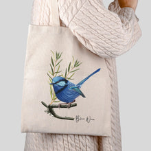 Load image into Gallery viewer, Serenity &amp; Sparkle Blue Wren Scarf &amp; Tote Bag Set | White
