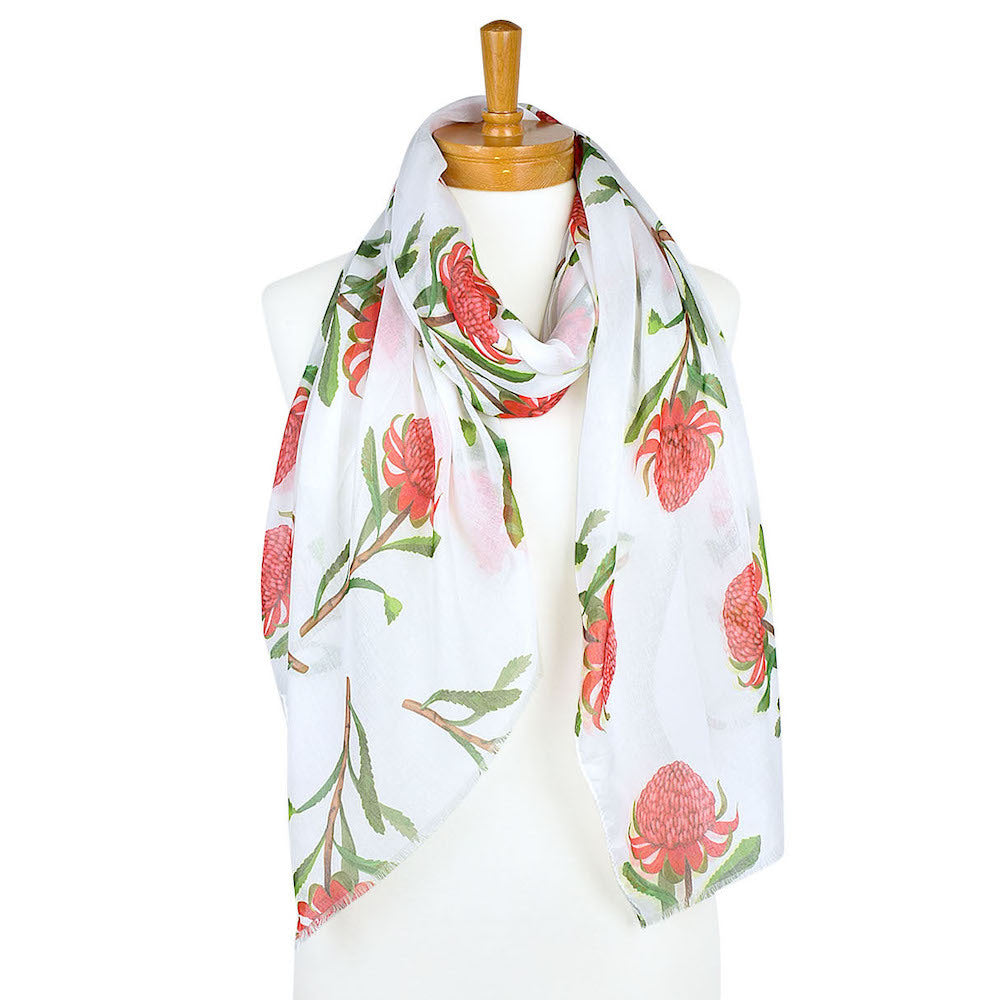 AGCS1007: White: Waratah Flower Scarf