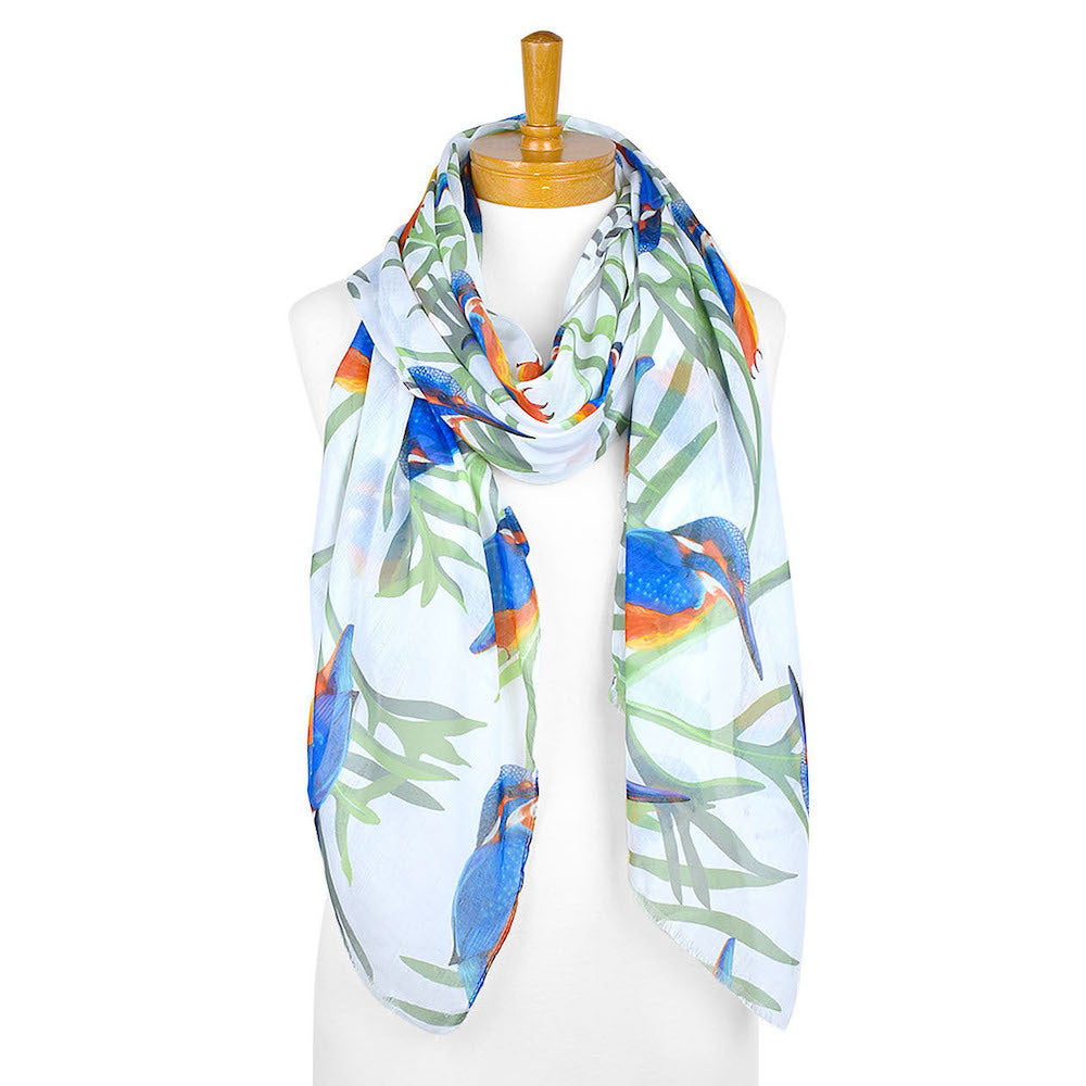 AGCS1009: White: Kingfisher Bird Scarf