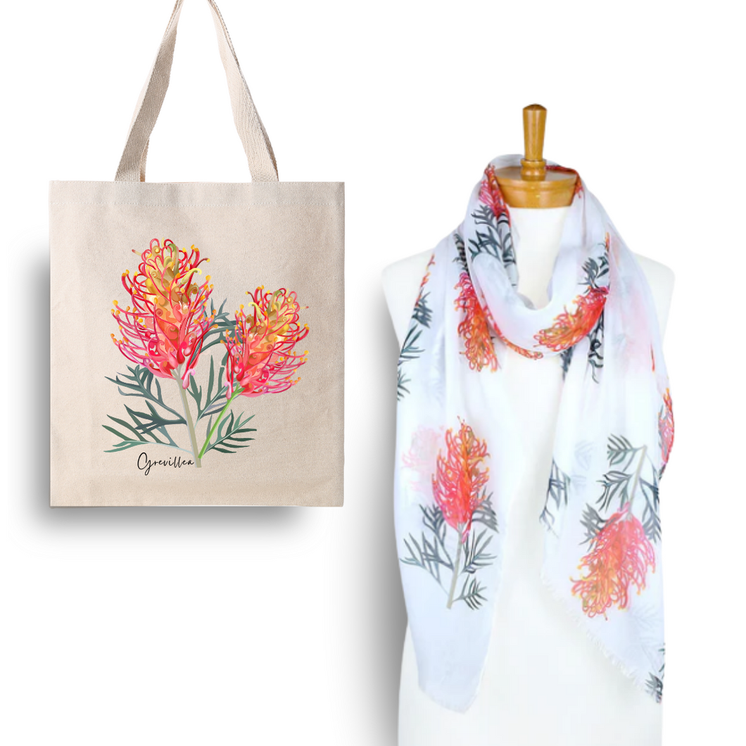 Australian Native Grevillea Flower Tote Bag and Scarf Set | White