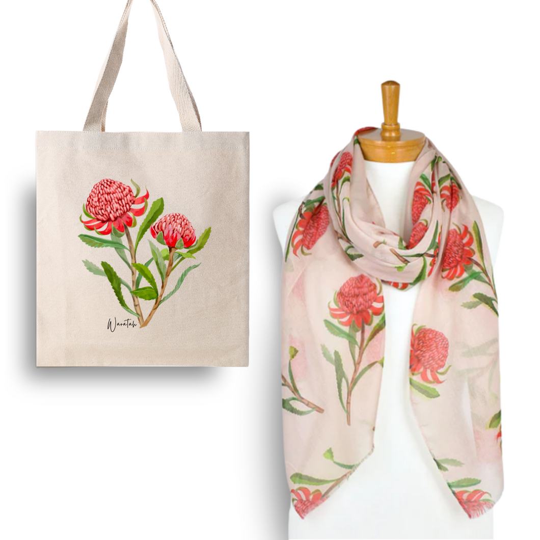 Perfect Gift for Any Occasion - Waratah Beige Scarf & Tote Bag