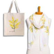 Load image into Gallery viewer, Warmth &amp; Joy Golden Wattle Scarf &amp; Tote Bag Set | White
