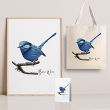 Load image into Gallery viewer, Lively &amp; Radiant Australian Native Blue Wren Poster, Tote Bag &amp; Card Set
