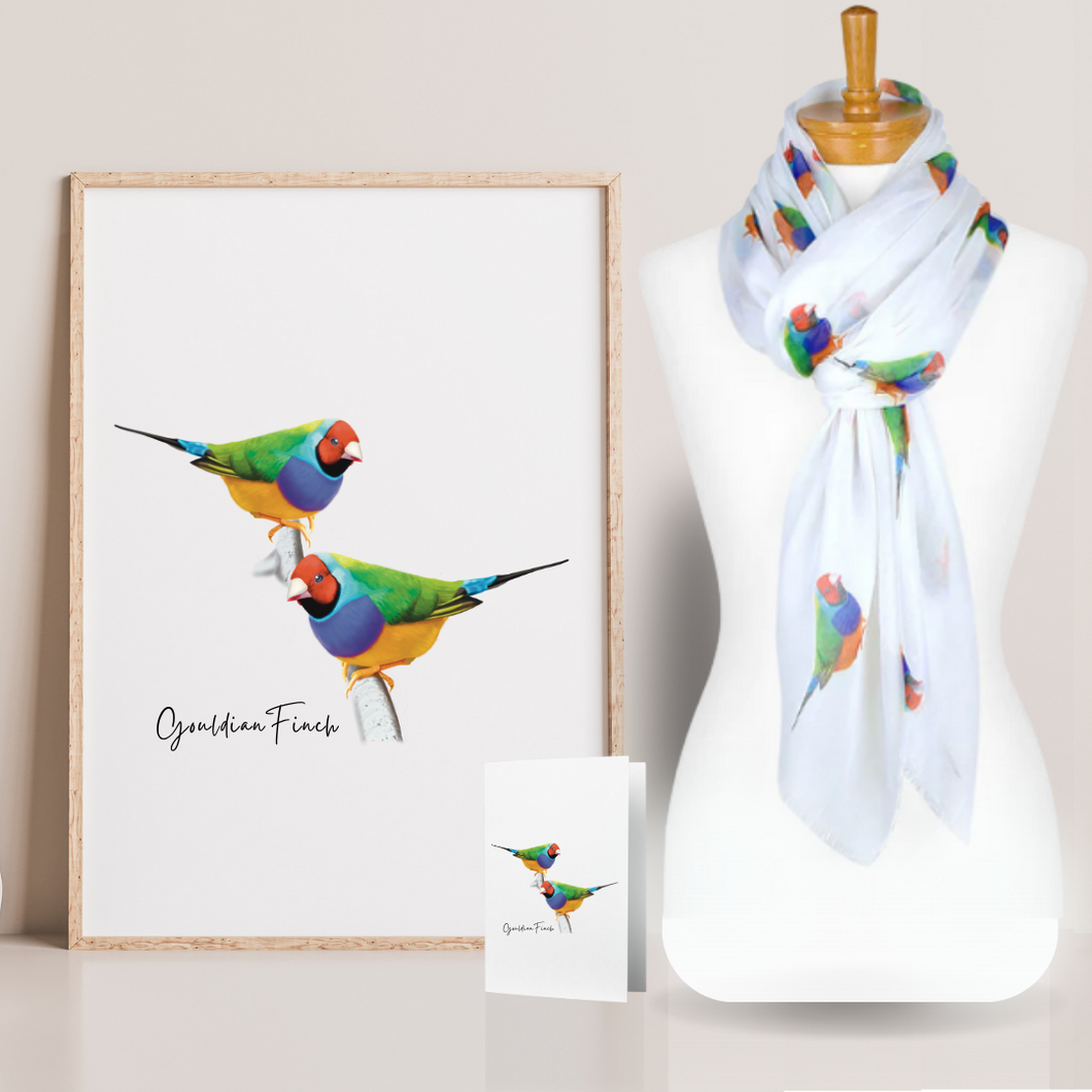 Vibrant & Colourful Australian Native Gouldian Finch Poster, Scarf & Card Set