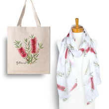 Load image into Gallery viewer, Australian Native Flower Design, Perfect Gift Idea - Red Bottlebrush Tote Bag &amp; Scarf Set
