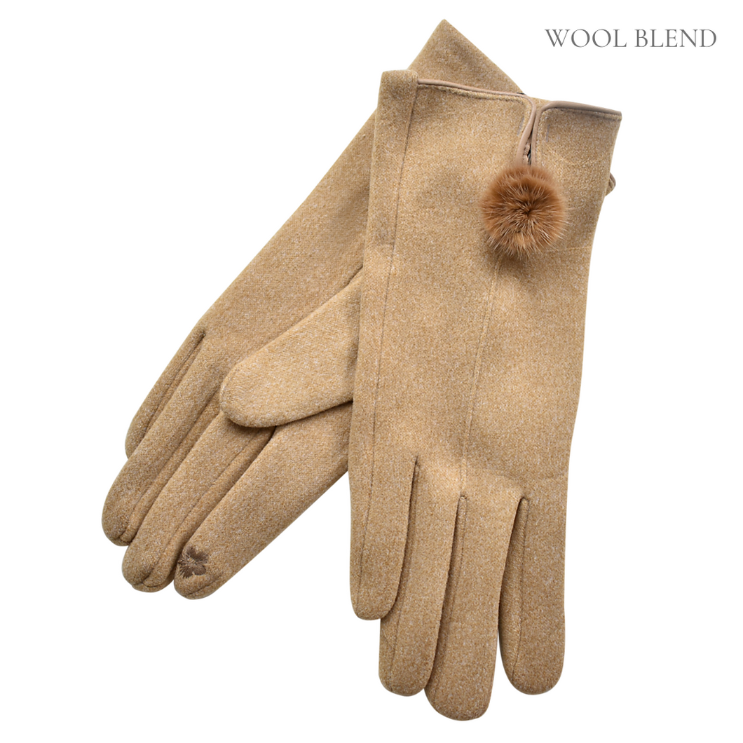 THSG1065: Camel: Fur Pom Pom Gloves