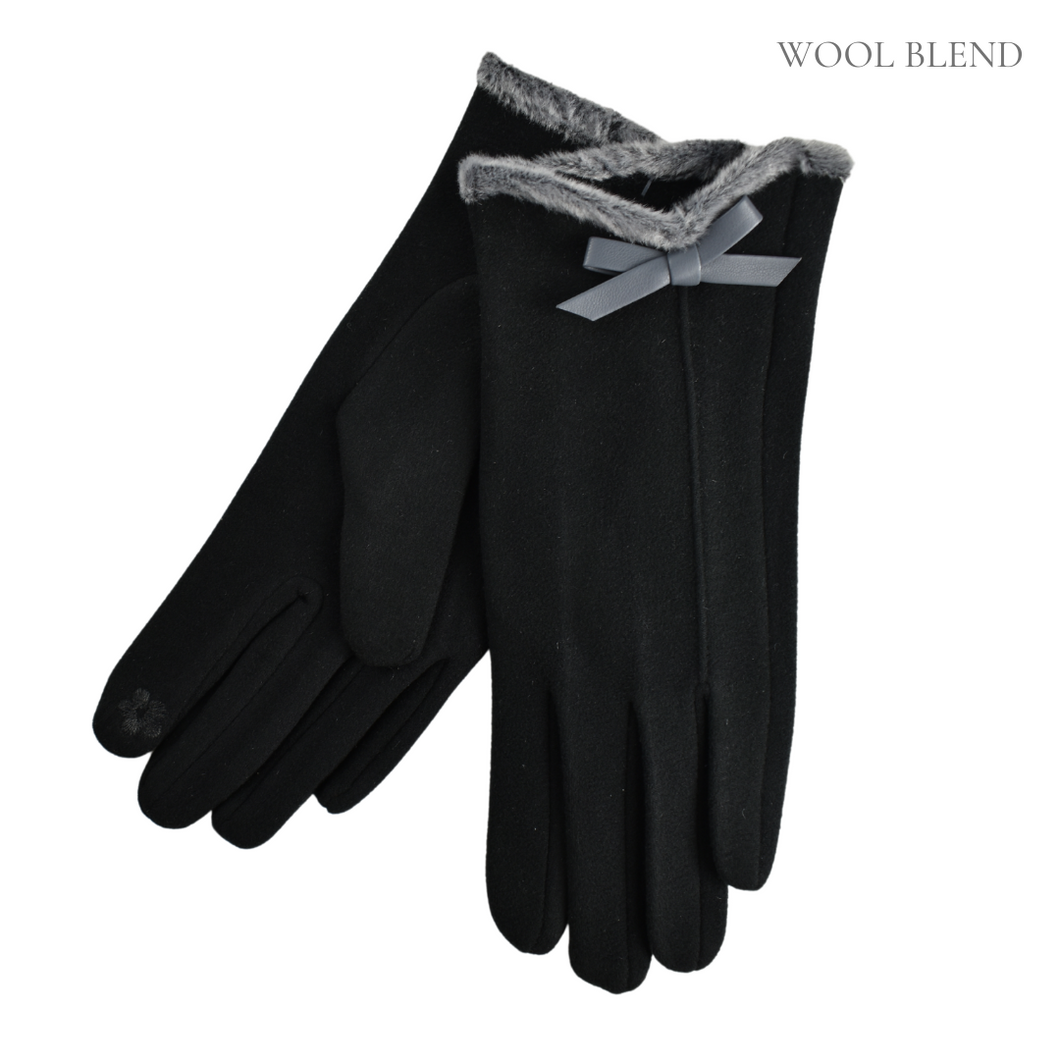 THSG1101: Black: Faux Fur Trim Bow Gloves