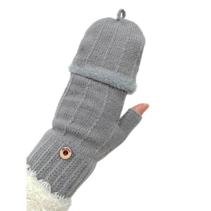 THSG1103: Grey: Convertible Fingerless Gloves with Buttoned Flap