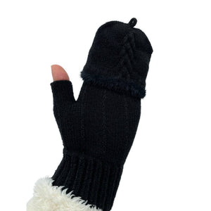 THSG1105: Black: Convertible Fingerless Gloves with Buttoned Flap