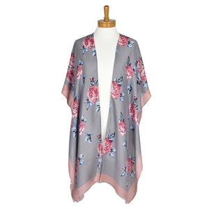 THSK1063: Grey: Floral Print Kimono