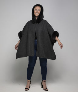 THSP1041: Dark Grey: Faux Fur Hooded Poncho