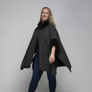 THSP1041: Dark Grey: Faux Fur Hooded Poncho