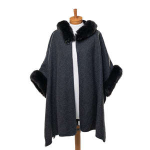 THSP1041: Dark Grey: Faux Fur Hooded Poncho