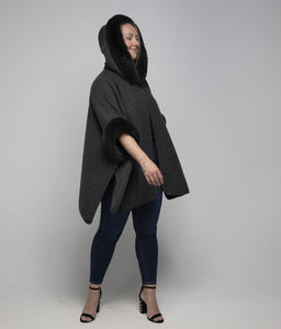 THSP1041: Dark Grey: Faux Fur Hooded Poncho