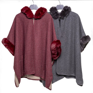 THSP1041: Dark Grey: Faux Fur Hooded Poncho