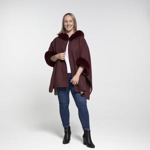 THSP1042: Burgundy: Faux Fur Hooded Poncho