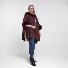 Load image into Gallery viewer, THSP1042: Burgundy: Faux Fur Hooded Poncho
