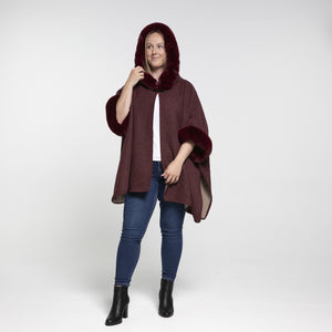 THSP1042: Burgundy: Faux Fur Hooded Poncho