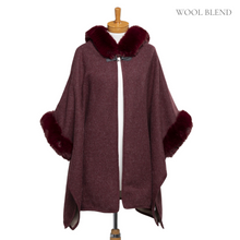 Load image into Gallery viewer, THSP1042: Burgundy: Faux Fur Hooded Poncho
