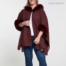 Load image into Gallery viewer, THSP1042: Burgundy: Faux Fur Hooded Poncho
