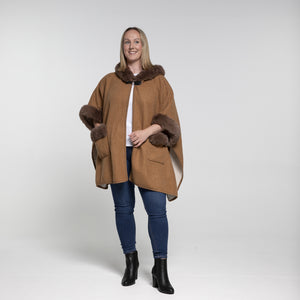 THSP1043: Camel: Faux Fur Plain Sleeve Cape Coat