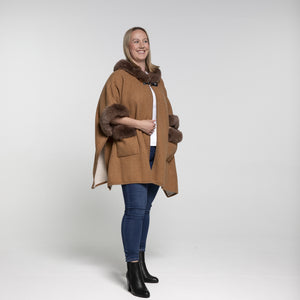 THSP1043: Camel: Faux Fur Plain Sleeve Cape Coat