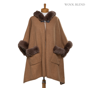 THSP1043: Camel: Faux Fur Plain Sleeve Cape Coat