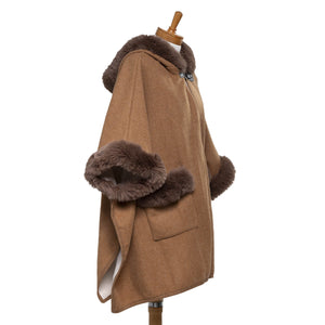 THSP1043: Camel: Faux Fur Plain Sleeve Cape Coat