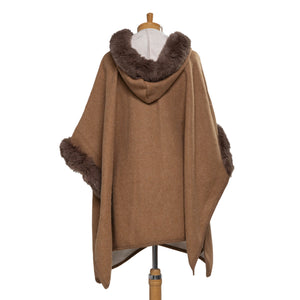 THSP1043: Camel: Faux Fur Plain Sleeve Cape Coat