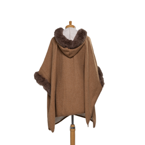 THSP1043: Camel: Faux Fur Plain Sleeve Cape Coat