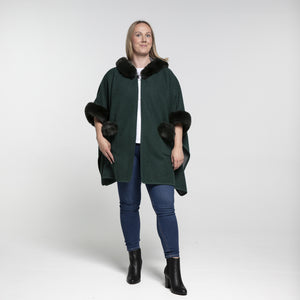 THSP1044: Green: Faux Fur Plain Sleeve Cape Coat