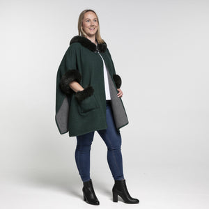 THSP1044: Green: Faux Fur Plain Sleeve Cape Coat