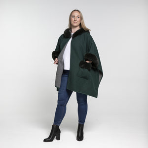 THSP1044: Green: Faux Fur Plain Sleeve Cape Coat