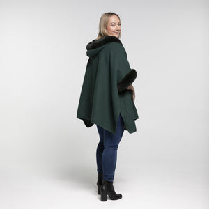 THSP1044: Green: Faux Fur Plain Sleeve Cape Coat