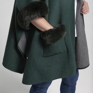 THSP1044: Green: Faux Fur Plain Sleeve Cape Coat