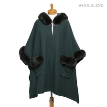 Load image into Gallery viewer, THSP1044: Green: Faux Fur Plain Sleeve Cape Coat
