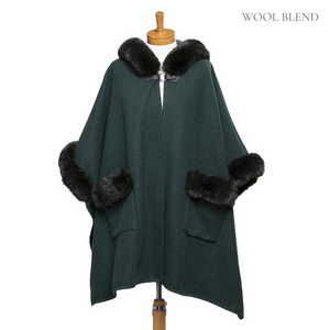 THSP1044: Green: Faux Fur Plain Sleeve Cape Coat