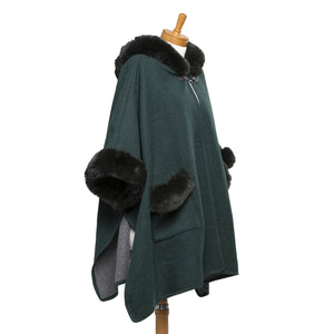 THSP1044: Green: Faux Fur Plain Sleeve Cape Coat