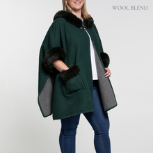 Load image into Gallery viewer, THSP1044: Green: Faux Fur Plain Sleeve Cape Coat
