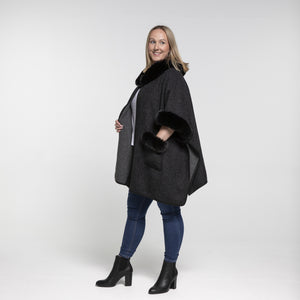 THSP1045: Black: Faux Fur Plain Sleeve Cape Coat