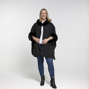 THSP1045: Black: Faux Fur Plain Sleeve Cape Coat