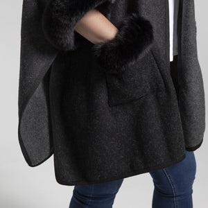 THSP1045: Black: Faux Fur Plain Sleeve Cape Coat