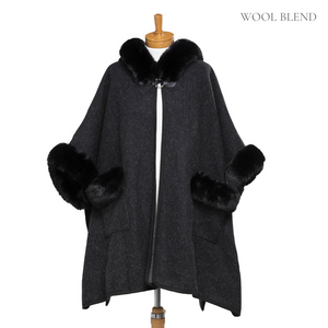 THSP1045: Black: Faux Fur Plain Sleeve Cape Coat