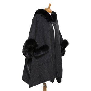 THSP1045: Black: Faux Fur Plain Sleeve Cape Coat