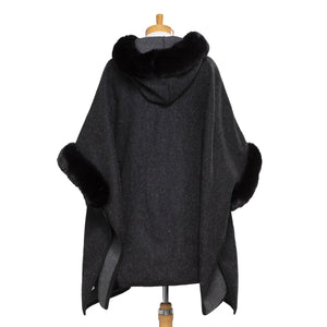 THSP1045: Black: Faux Fur Plain Sleeve Cape Coat