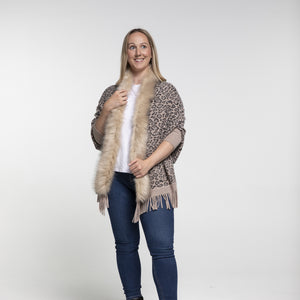 THSP1048: Mushroom: Faux Fur Leopard Sleeve Cape Wrap