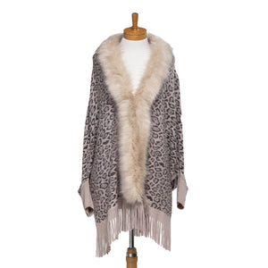 THSP1048: Mushroom: Faux Fur Leopard Sleeve Cape Wrap